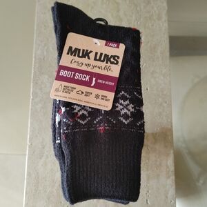 NWT Muk Luk Crew Height Boot Sock - Navy, White and Red - W 6-11, M 6-10